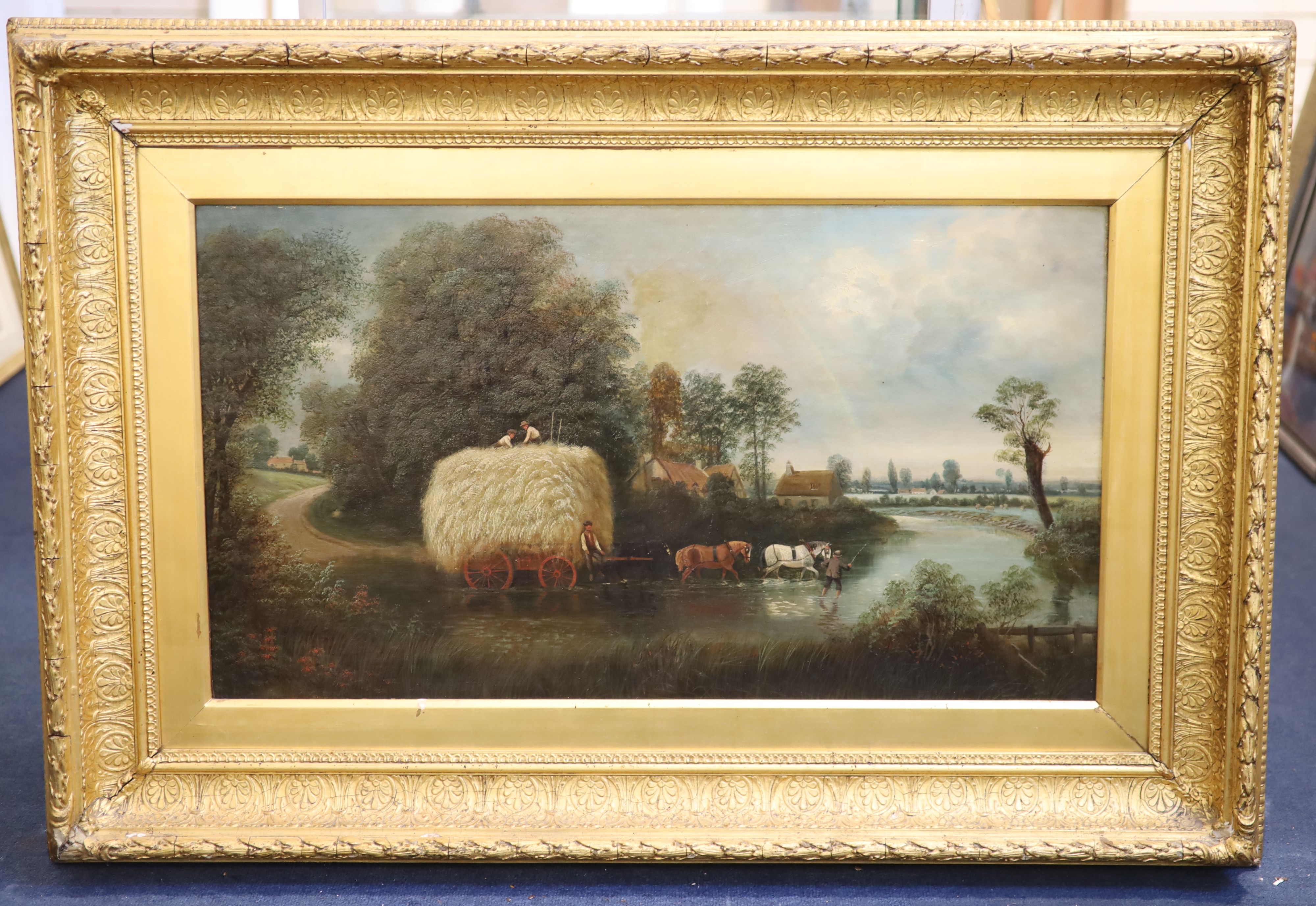 Edward Priestley (1820-1880) Extensive landscape with shepherd and flock, harvesters and haycart crossing a river 17.5 x 31.75in.